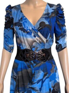 Y2K Vintage Cartise Blue Abstract Print Faux Wrap Midi Dress Puff Sleeve Size 10